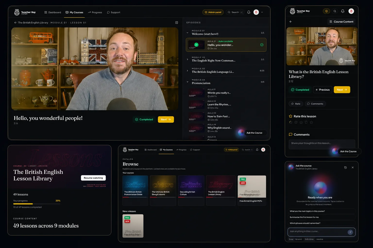 The platform — library, lessons, AI tutor